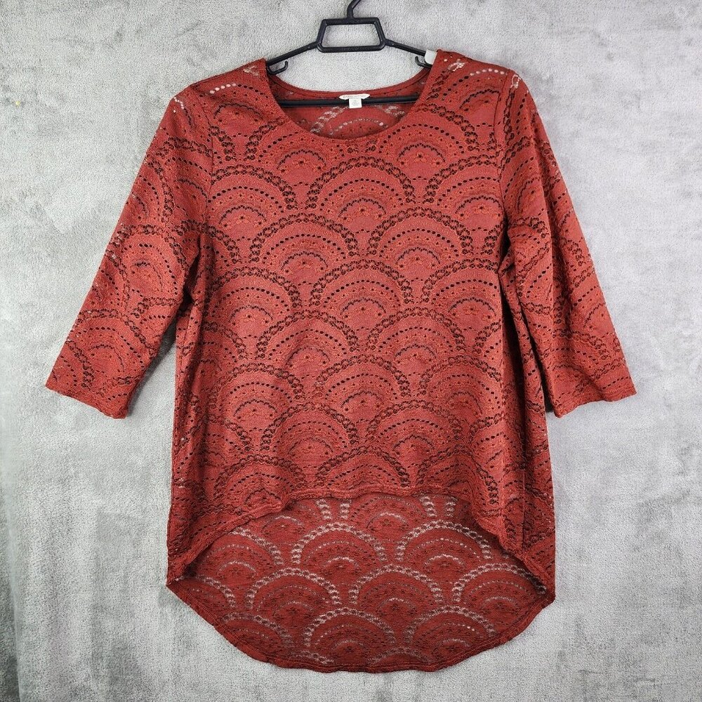 Cato Vibrant Rust Color Lace Three-Quarter Sleeve High-Low Top, Size XL
